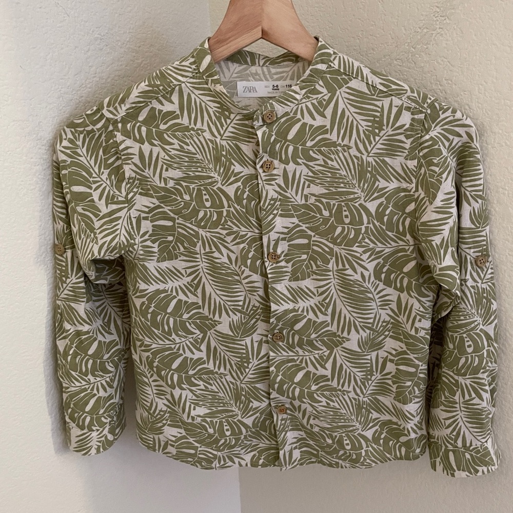 Zara kids palm leaf long sleeve shirt linen blend size 5-6
